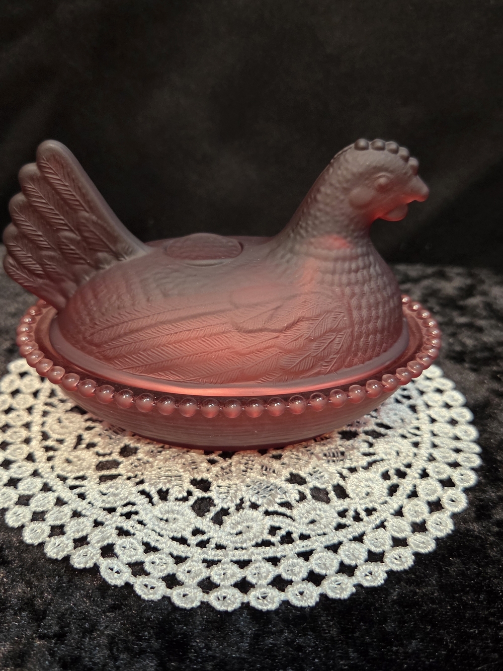 Satin Burgandy Unbranded Glass Hen on a Nest Measures 5.5 Inches long